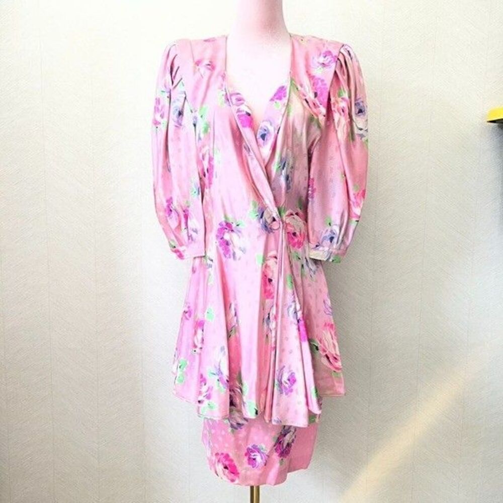 VTG 80s Emanuel Ungaro Parallele Paris Pink Floral Skirt Wrap Top 2 Pc Womens 10
